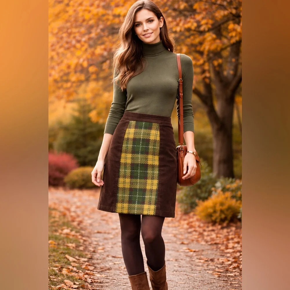 Anthropologie Maeve Brown Corduroy Skirt Green Plaid Wool Panel Size 4
